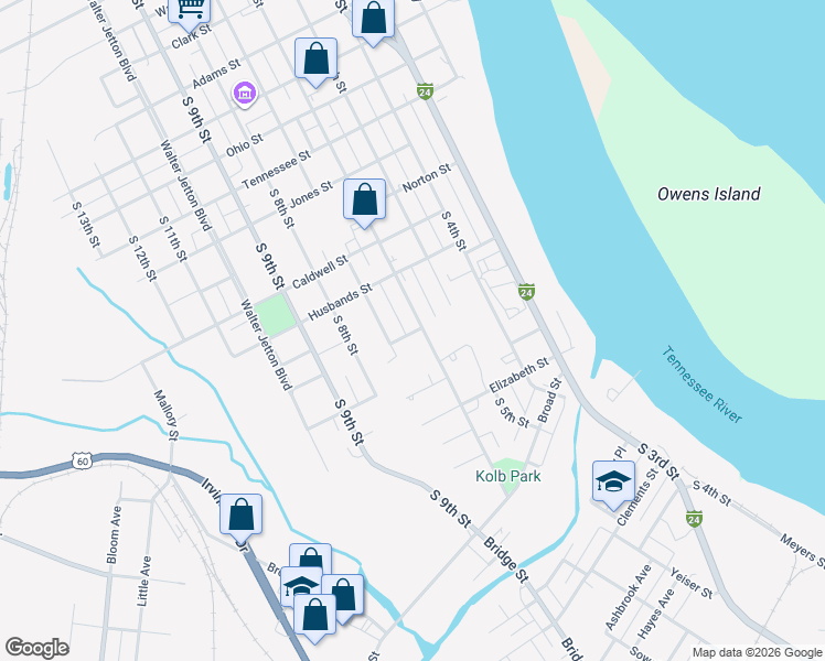 map of restaurants, bars, coffee shops, grocery stores, and more near Rogers Street in Paducah