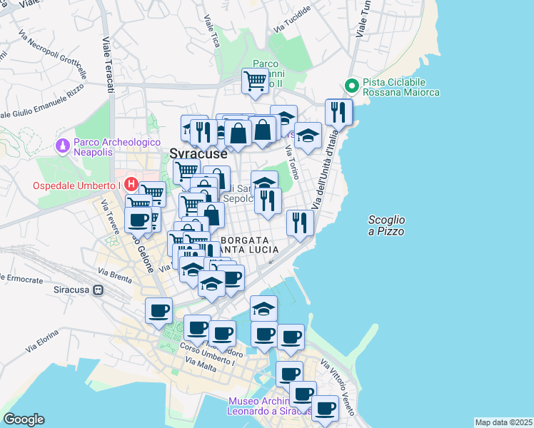 map of restaurants, bars, coffee shops, grocery stores, and more near 23 Piazza Santa Lucia in Siracusa
