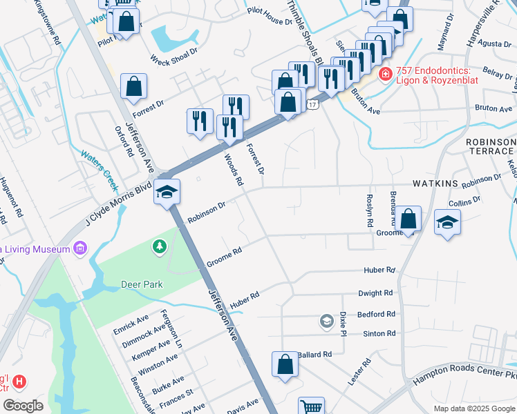 map of restaurants, bars, coffee shops, grocery stores, and more near 612 Woods Road in Newport News