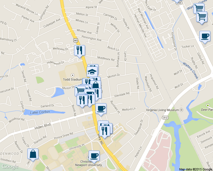 map of restaurants, bars, coffee shops, grocery stores, and more near 13 Burnham Pl in Newport News