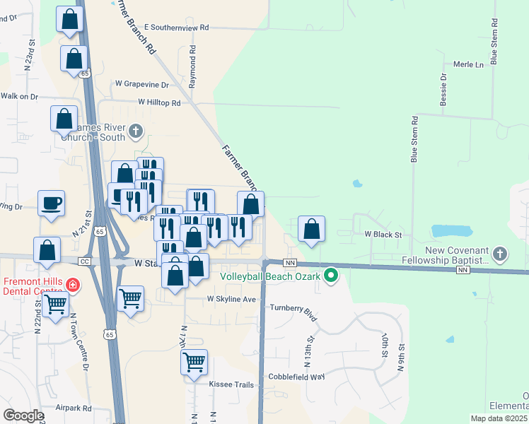 map of restaurants, bars, coffee shops, grocery stores, and more near 5517 North Farmer Branch Road in Ozark