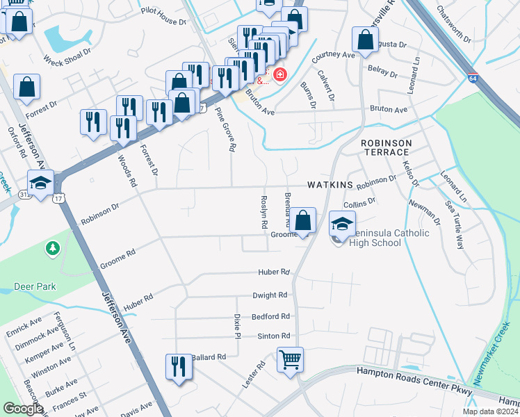 map of restaurants, bars, coffee shops, grocery stores, and more near 607 Roslyn Road in Newport News