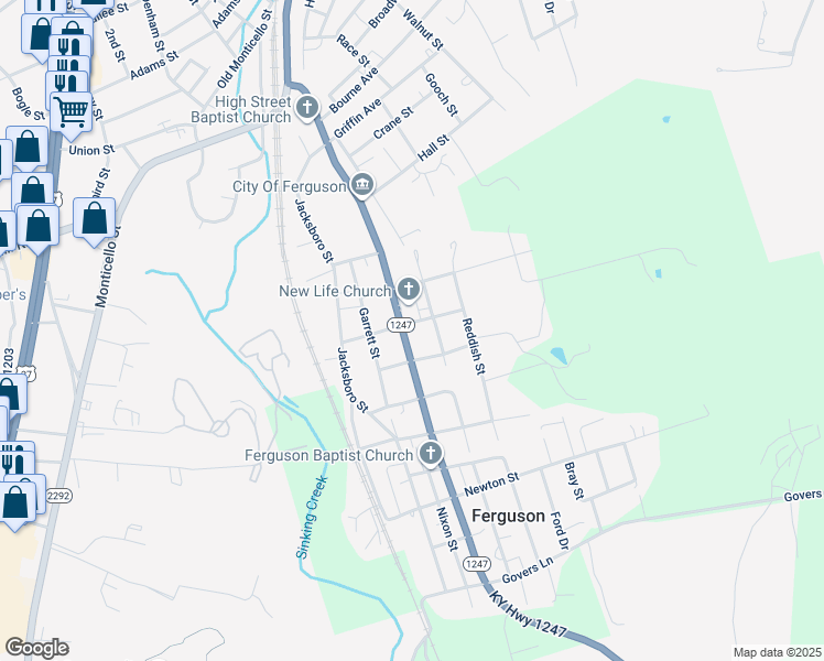 map of restaurants, bars, coffee shops, grocery stores, and more near 305 Sherman Avenue in Ferguson