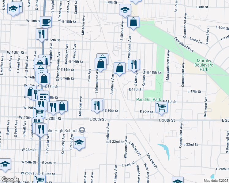 map of restaurants, bars, coffee shops, grocery stores, and more near 1706 North Indiana Avenue in Joplin