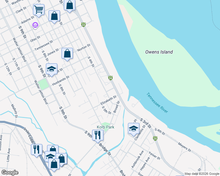 map of restaurants, bars, coffee shops, grocery stores, and more near George St in Paducah