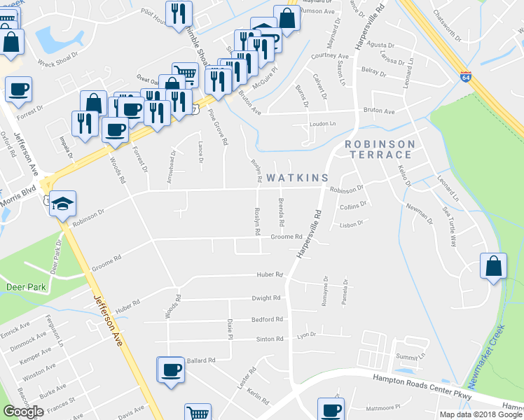 map of restaurants, bars, coffee shops, grocery stores, and more near 606 Roslyn Road in Newport News