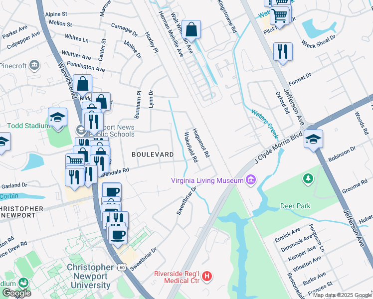 map of restaurants, bars, coffee shops, grocery stores, and more near 19 Wakefield Road in Newport News