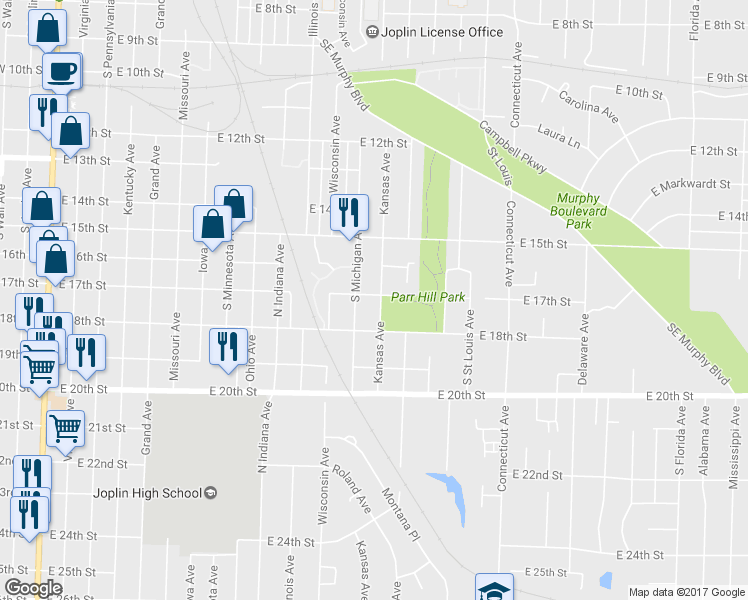 map of restaurants, bars, coffee shops, grocery stores, and more near 1318 E 17th St in Joplin