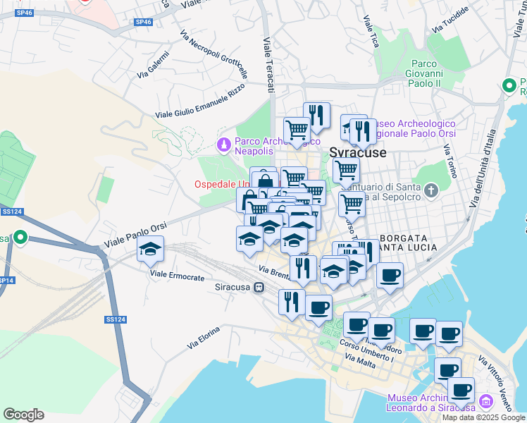 map of restaurants, bars, coffee shops, grocery stores, and more near 26 Via Po in Siracusa