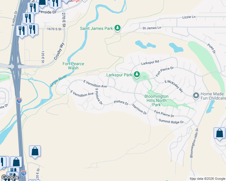 map of restaurants, bars, coffee shops, grocery stores, and more near 2245 Arnica Cir in St George