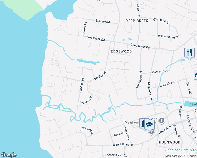map of restaurants, bars, coffee shops, grocery stores, and more near 201 Meghan Kay Cove in Newport News