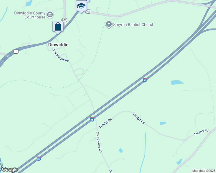 map of restaurants, bars, coffee shops, grocery stores, and more near 18887 Lundys Road in Dinwiddie