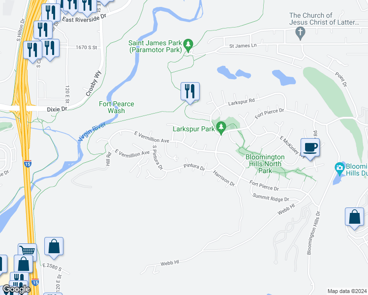 map of restaurants, bars, coffee shops, grocery stores, and more near 624 Vermillion Avenue in St. George