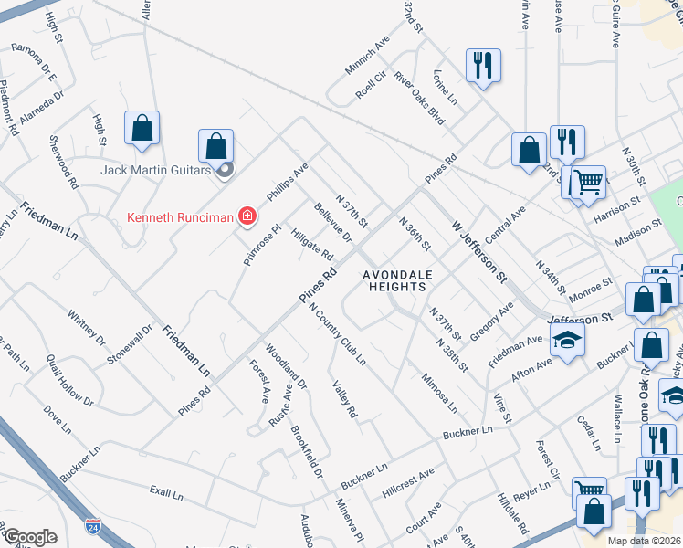 map of restaurants, bars, coffee shops, grocery stores, and more near 3901-3999 Pines Rd in Paducah