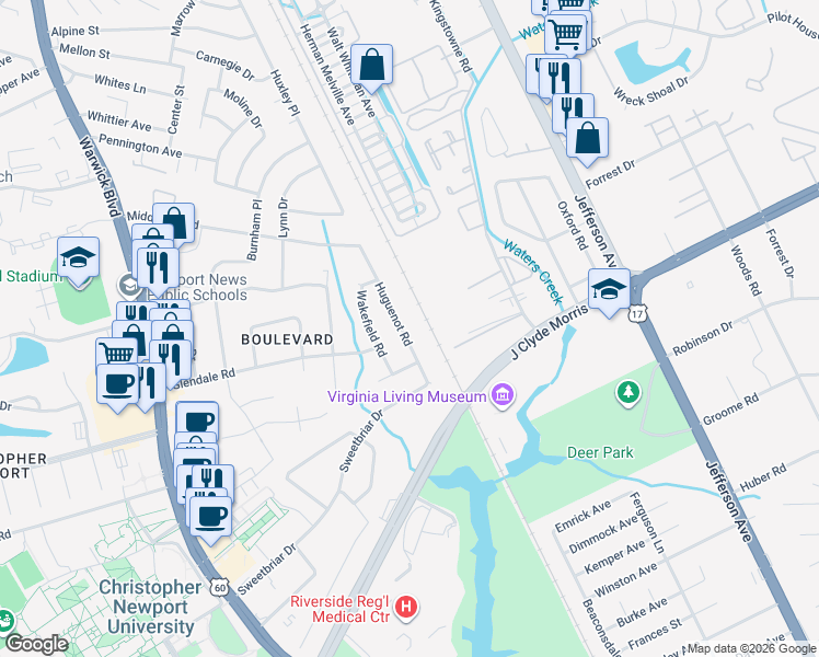 map of restaurants, bars, coffee shops, grocery stores, and more near 30 Huguenot Road in Newport News