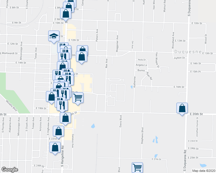 map of restaurants, bars, coffee shops, grocery stores, and more near 1721 Rex Avenue in Joplin