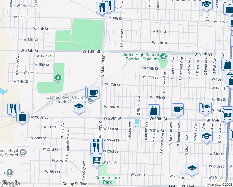 map of restaurants, bars, coffee shops, grocery stores, and more near 1728 South Porter Avenue in Joplin