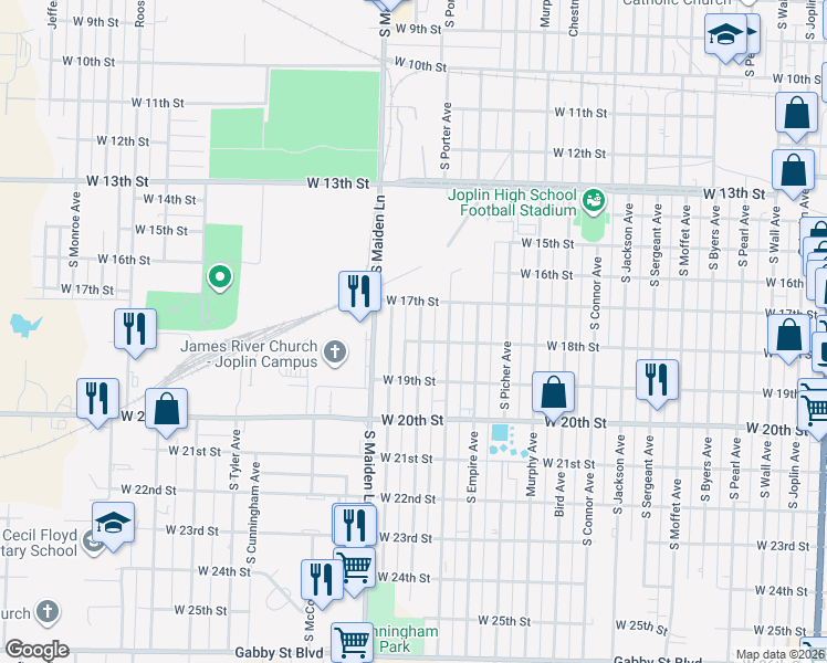 map of restaurants, bars, coffee shops, grocery stores, and more near 1728 South Porter Avenue in Joplin