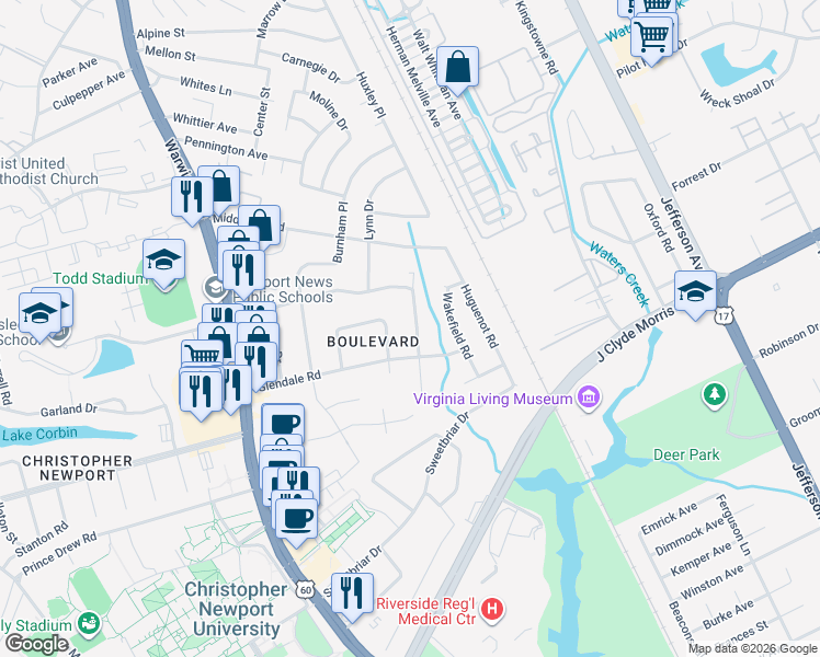 map of restaurants, bars, coffee shops, grocery stores, and more near 107 Glade Road in Newport News