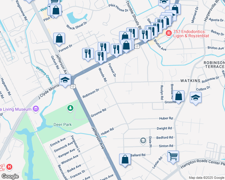 map of restaurants, bars, coffee shops, grocery stores, and more near 612 Woods Road in Newport News