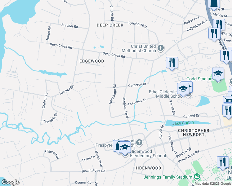 map of restaurants, bars, coffee shops, grocery stores, and more near 110 Hermitage Road in Newport News