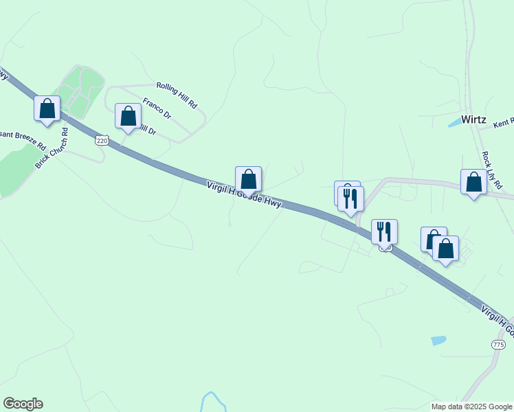 map of restaurants, bars, coffee shops, grocery stores, and more near 20733 Virgil H Goode Highway in Rocky Mount