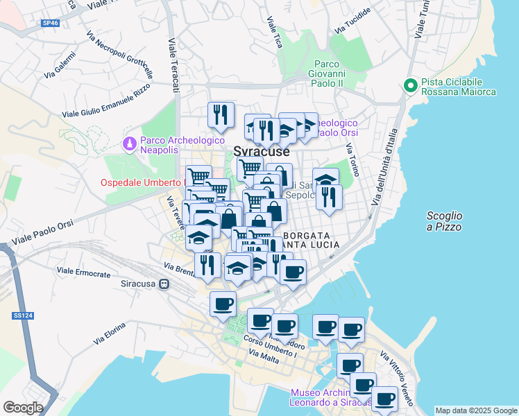 map of restaurants, bars, coffee shops, grocery stores, and more near 13 Via Dinologo in Siracusa