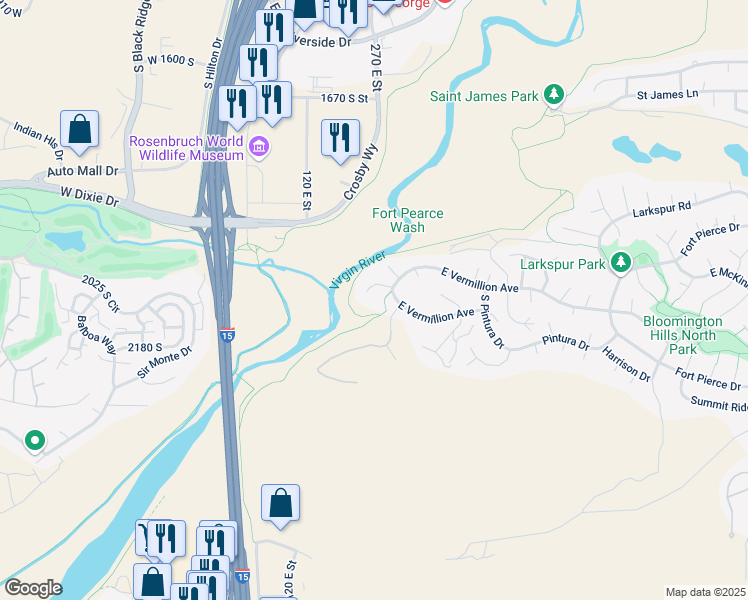 map of restaurants, bars, coffee shops, grocery stores, and more near 264 San Rafael Place in St. George