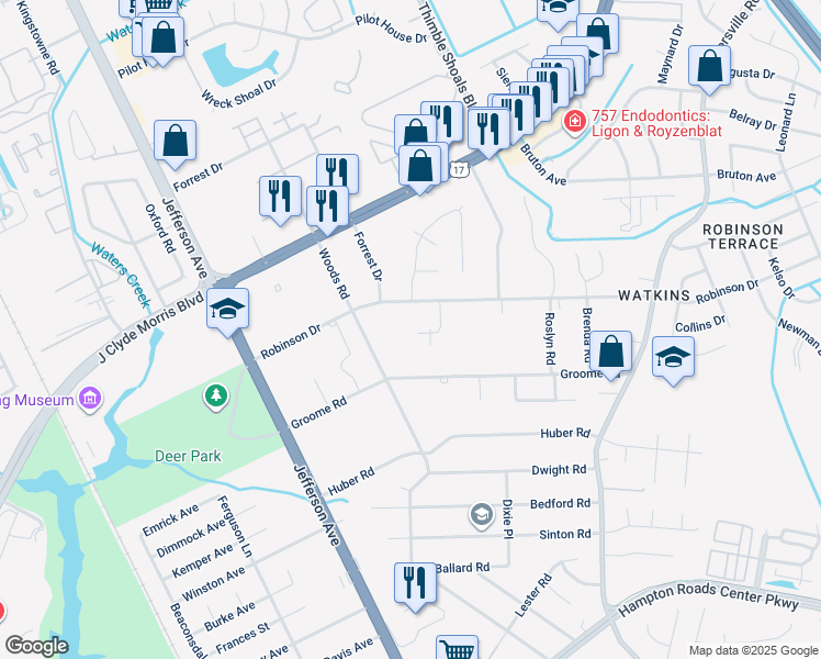 map of restaurants, bars, coffee shops, grocery stores, and more near 601 Beacon Court in Newport News