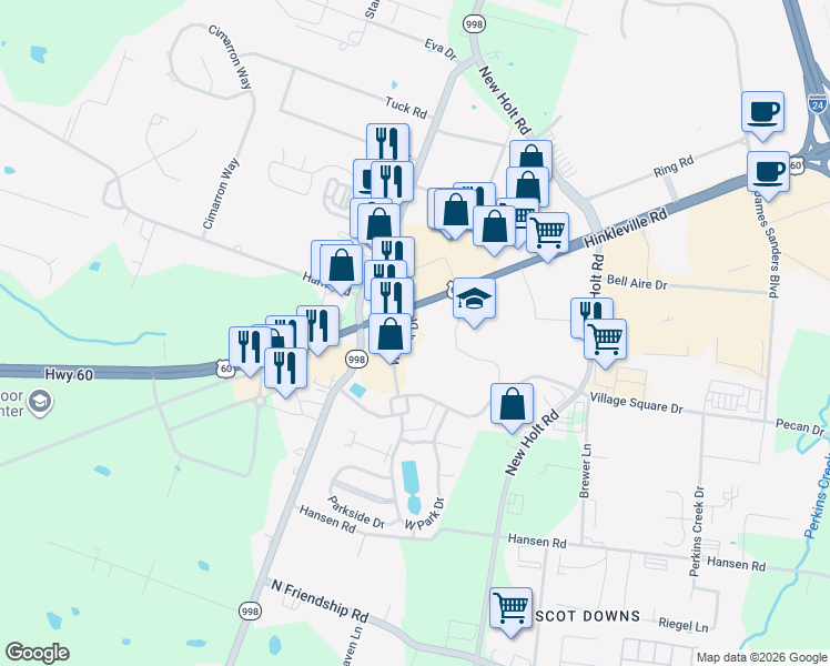 map of restaurants, bars, coffee shops, grocery stores, and more near 2109-2129 West Park Drive in Paducah