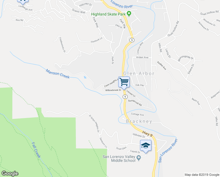 map of restaurants, bars, coffee shops, grocery stores, and more near 132 Redwood Lane in Ben Lomond