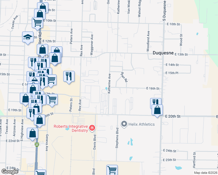 map of restaurants, bars, coffee shops, grocery stores, and more near 3600 East 16th Street in Joplin