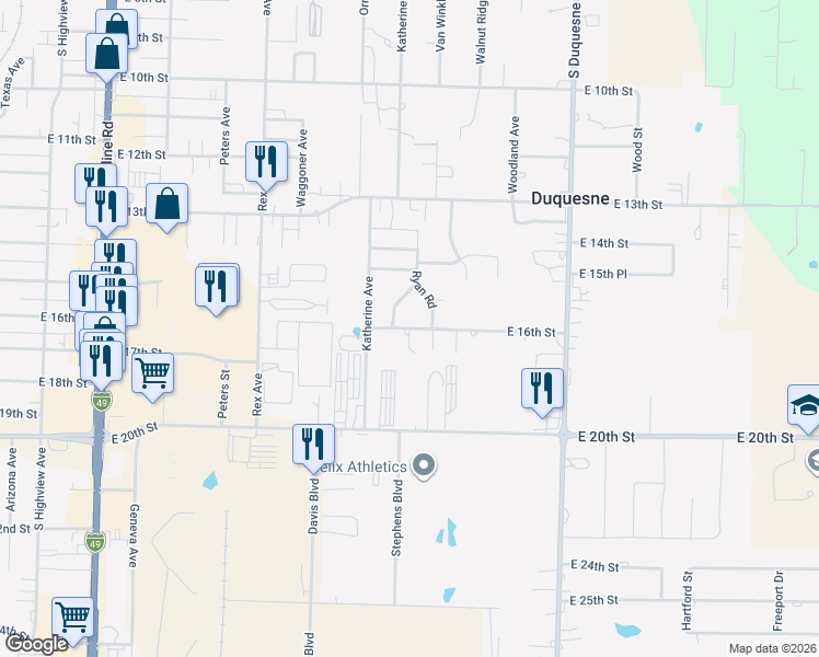 map of restaurants, bars, coffee shops, grocery stores, and more near Kymberlee Lane in Joplin