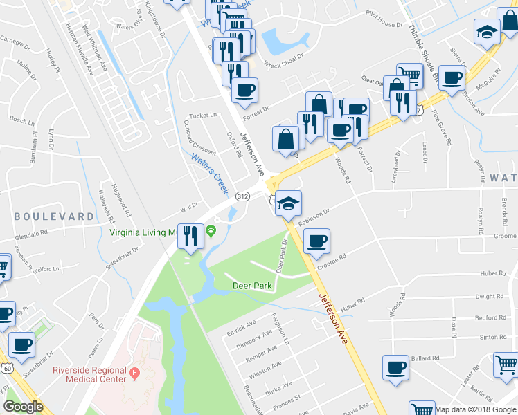 map of restaurants, bars, coffee shops, grocery stores, and more near 11541 Jefferson Avenue in Newport News