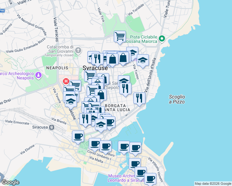 map of restaurants, bars, coffee shops, grocery stores, and more near 101 Viale Piave in Syracuse