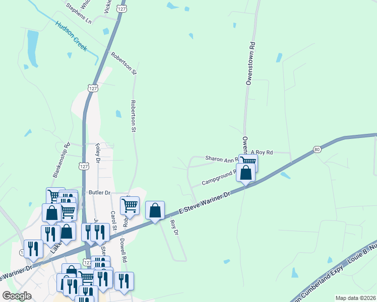 map of restaurants, bars, coffee shops, grocery stores, and more near Sharon Ann Rd in Russell Springs