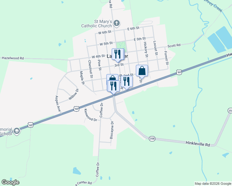 map of restaurants, bars, coffee shops, grocery stores, and more near 146 West Kentucky Drive in La Center