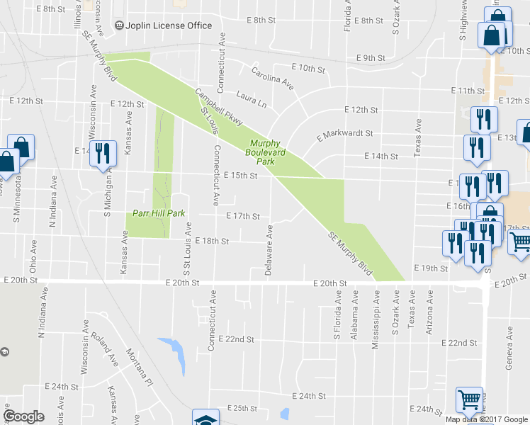 map of restaurants, bars, coffee shops, grocery stores, and more near 1630 Delaware Avenue in Joplin