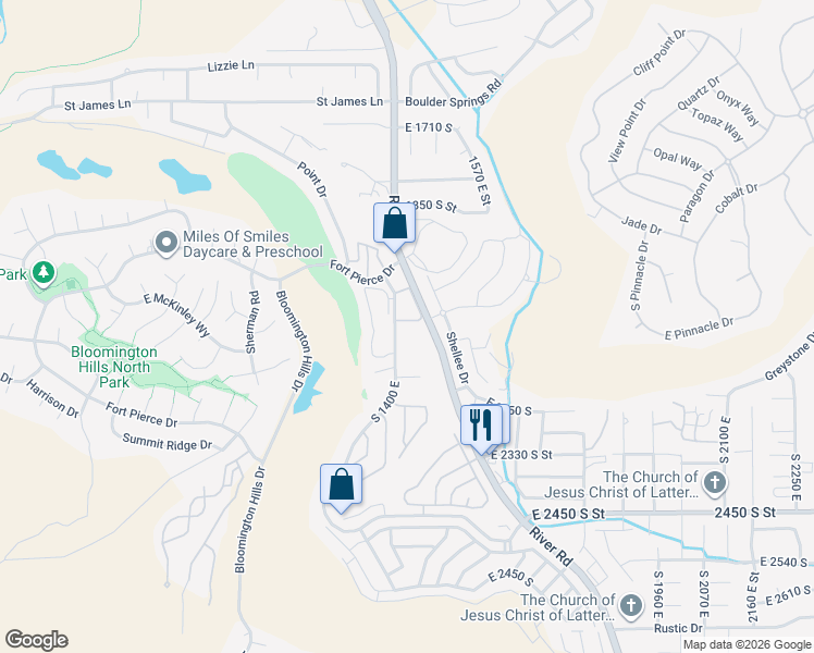 map of restaurants, bars, coffee shops, grocery stores, and more near 2045 South 1400 East in St. George