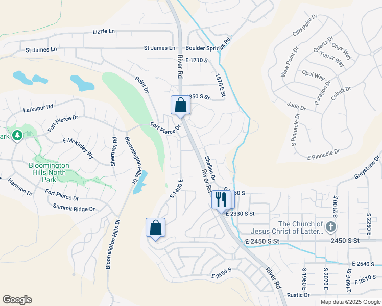 map of restaurants, bars, coffee shops, grocery stores, and more near 2045 South 1400 East in St. George