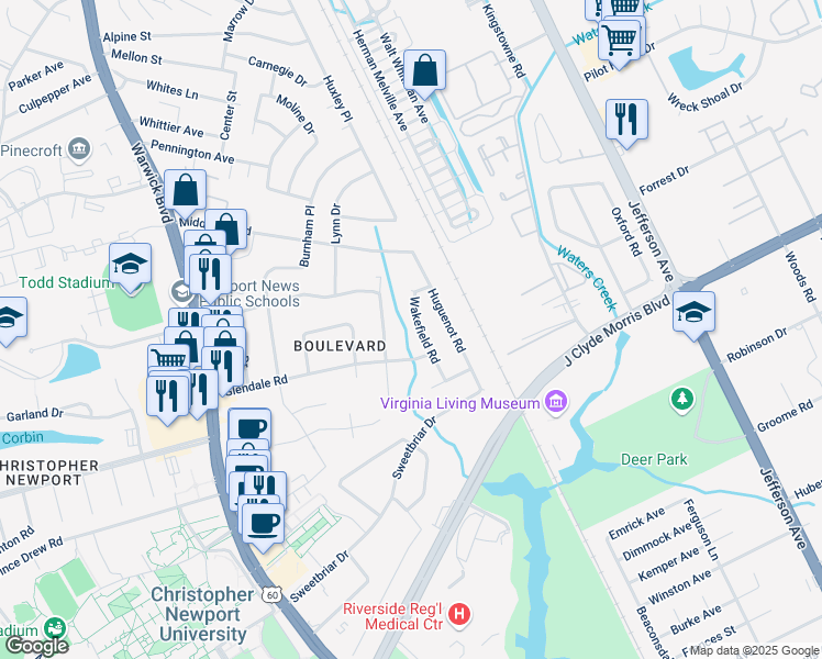 map of restaurants, bars, coffee shops, grocery stores, and more near 19 Wakefield Road in Newport News