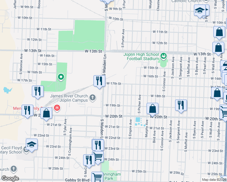 map of restaurants, bars, coffee shops, grocery stores, and more near 1728 South Porter Avenue in Joplin