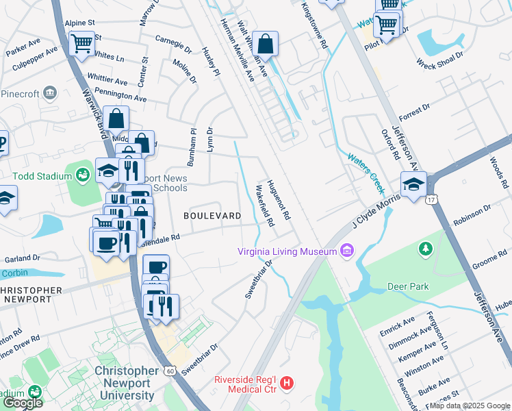map of restaurants, bars, coffee shops, grocery stores, and more near 19 Wakefield Road in Newport News