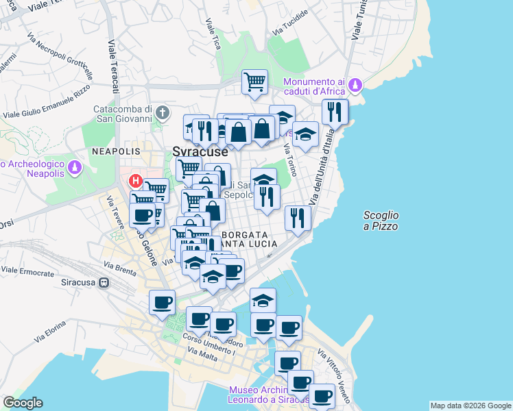 map of restaurants, bars, coffee shops, grocery stores, and more near 23 Piazza Santa Lucia in Syracuse