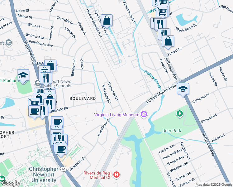 map of restaurants, bars, coffee shops, grocery stores, and more near 28 Huguenot Road in Newport News