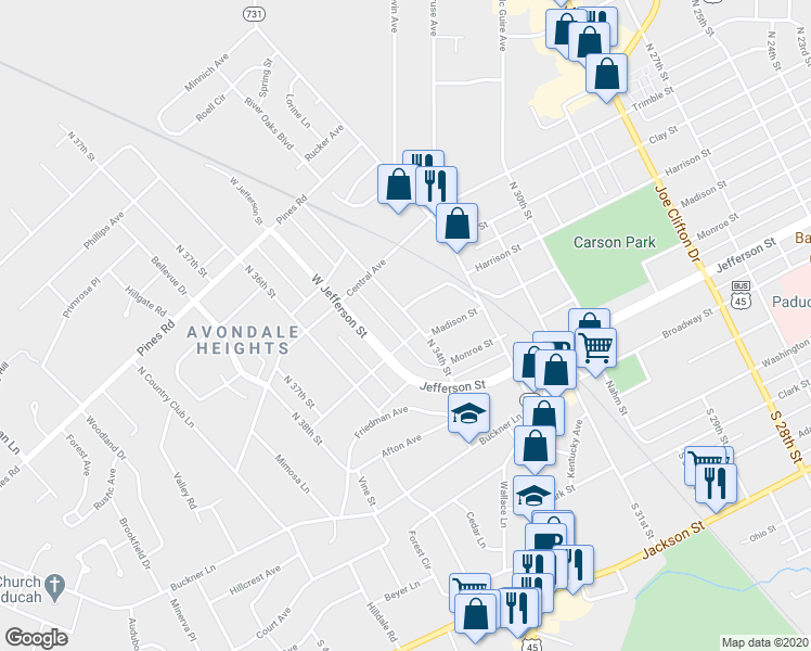 map of restaurants, bars, coffee shops, grocery stores, and more near 421 North 34th Street in Paducah