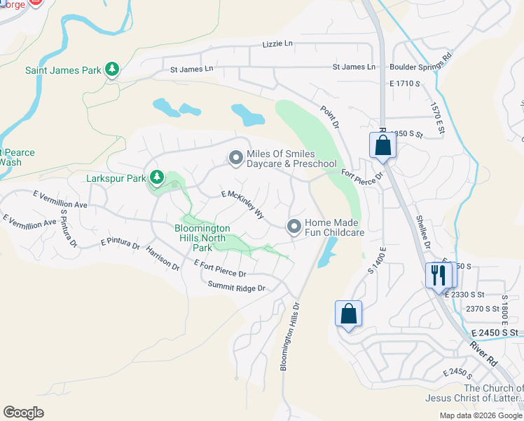 map of restaurants, bars, coffee shops, grocery stores, and more near 2081 Princeton Circle in St. George