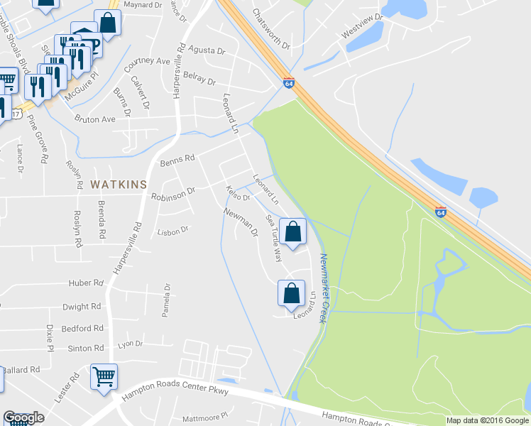map of restaurants, bars, coffee shops, grocery stores, and more near 639 Sea Turtle Way in Newport News