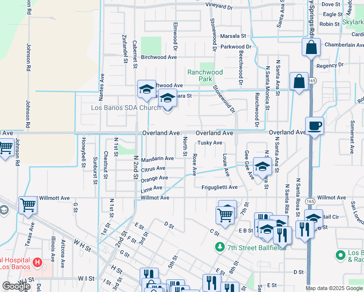 map of restaurants, bars, coffee shops, grocery stores, and more near 321 North Street in Los Banos