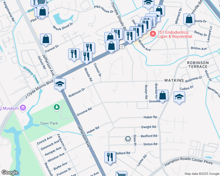 map of restaurants, bars, coffee shops, grocery stores, and more near 601 Beacon Court in Newport News